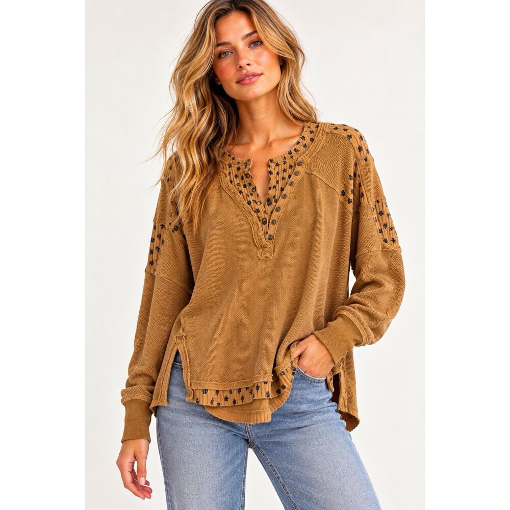 Free People Women’s Brown Floral Thermal Knit V-Neck Long Sleeve Top XS Boho